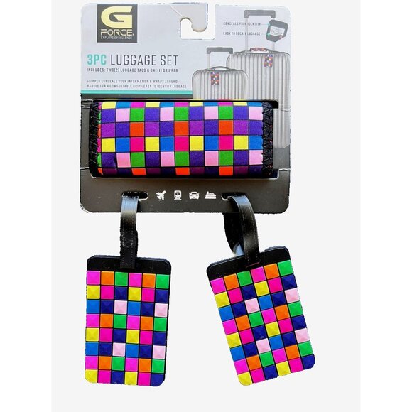 G Force 3 Pc Luggage Tags & Gripper Colorful Traveler Gift Suitcase ID Blocks - Picture 1 of 5